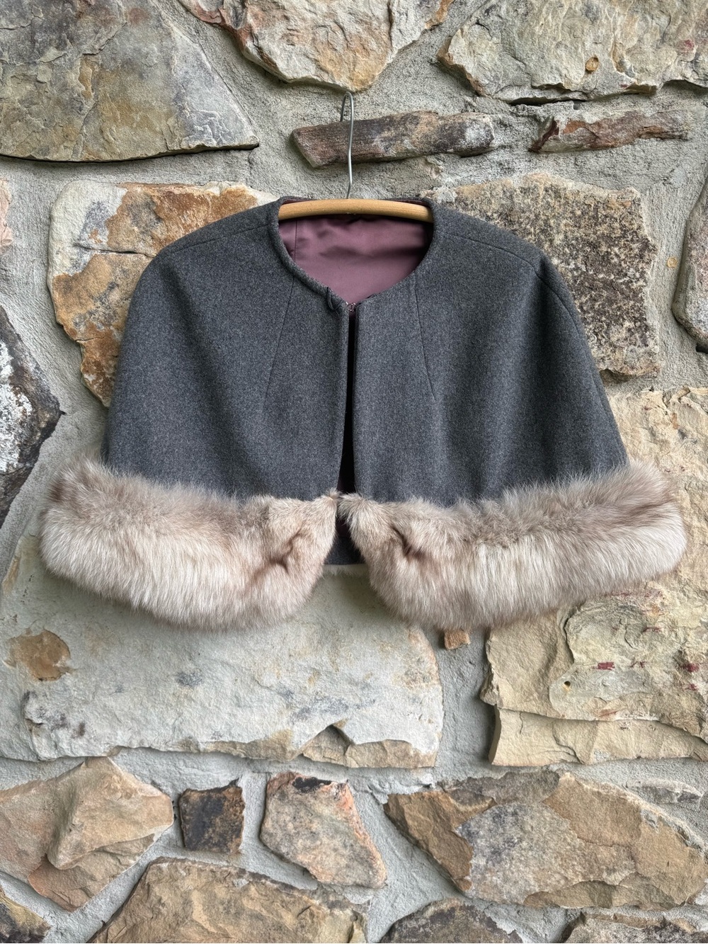 Vintage Gray Wool Capelet Cape with Genuine Fox Fur Trim Bridal Wrap Evening